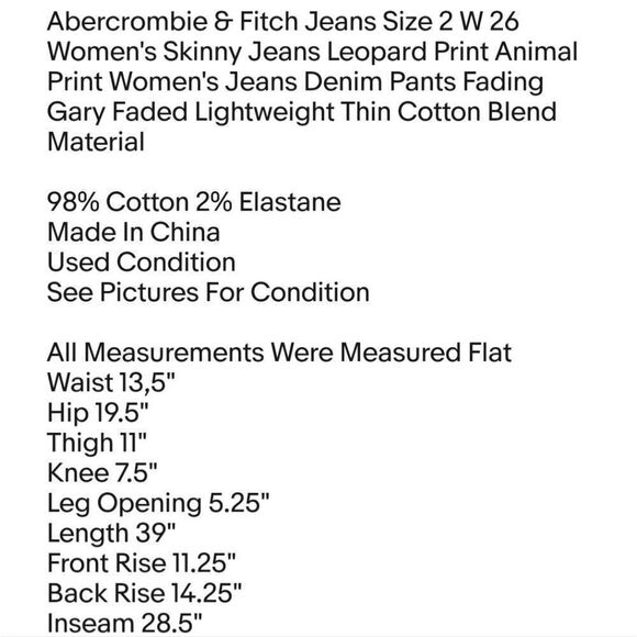 Abercrombie & Fitch Jeans Size 2 W 26 Women's Skinny Jeans Leopard Print Animal - Picture 7 of 7